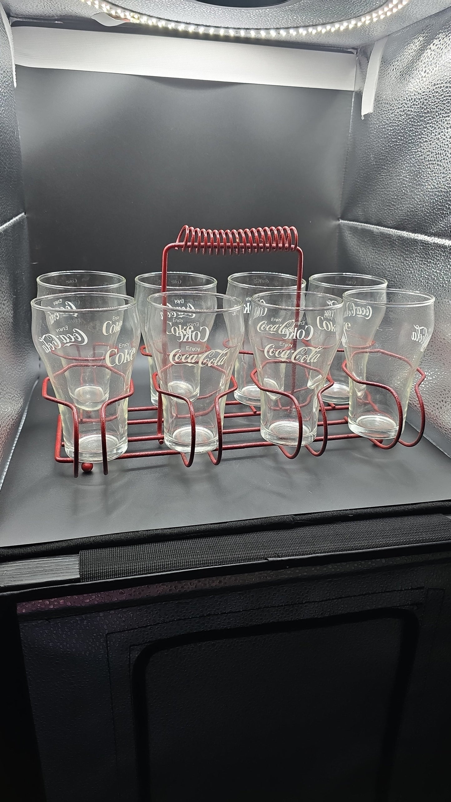 Vintage Coca-Cola Glass Set – 8 Glasses with Red Metal Carrier