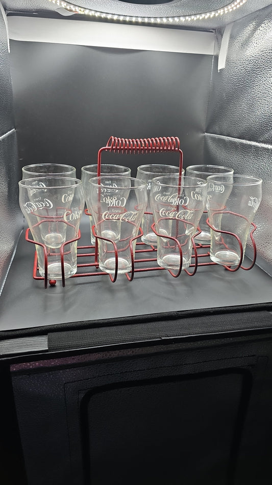 Vintage Coca-Cola Glass Set – 8 Glasses with Red Metal Carrier
