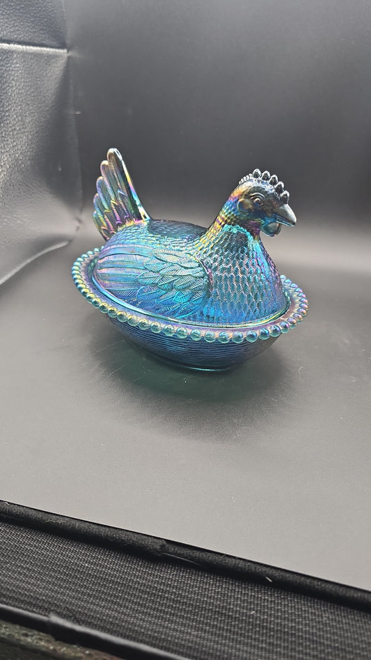 Indiana Carnival Glass Hen on Nest Dish – Iridescent Blue